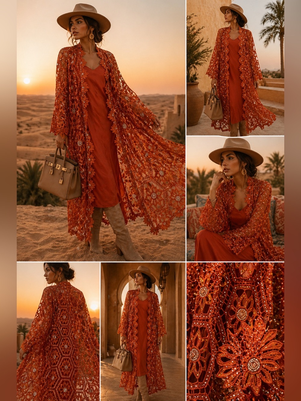 Beaded Lace Orange Duster Set + Maxi Dress L/XL Statement Piece